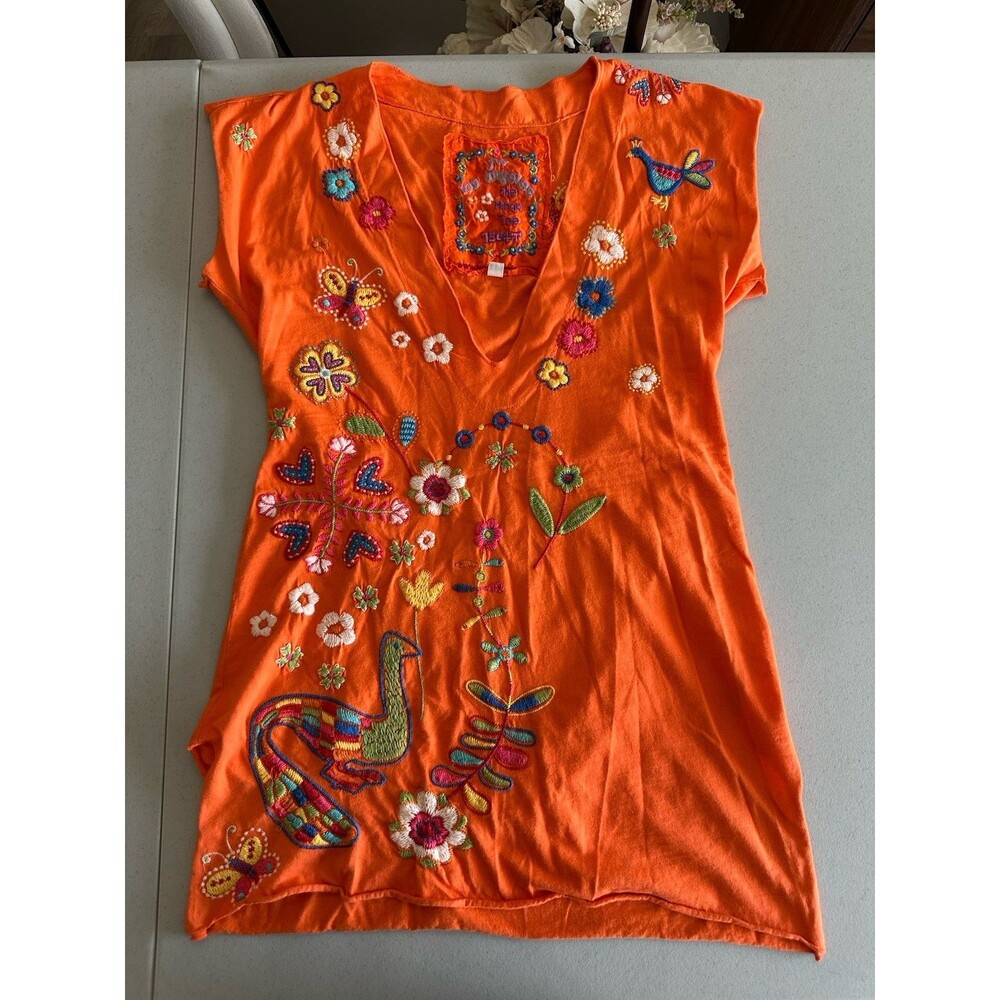 Vintage Johnny Was Embroidered Boho Hinga Tee 1364T Orange Floral Top XS UK6